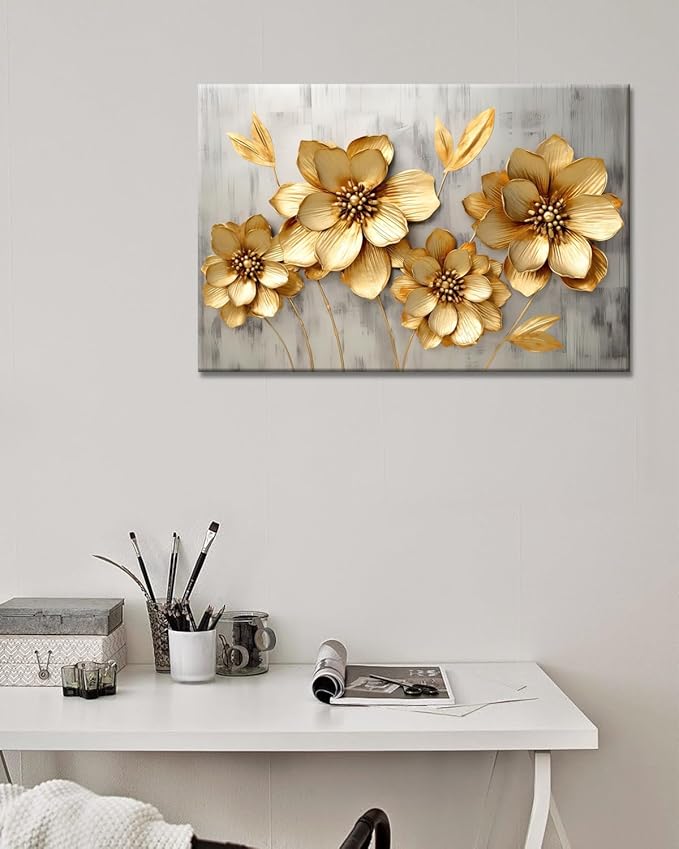 GLOKAKA Gold Metallic Flowers Print Wall Art Elegant Floral Flower Canvas on Grey Background Painting Picture Artwork for Living Room Bedroom Bathroom Decor (Gold Metallic Flowers, 30"x20")