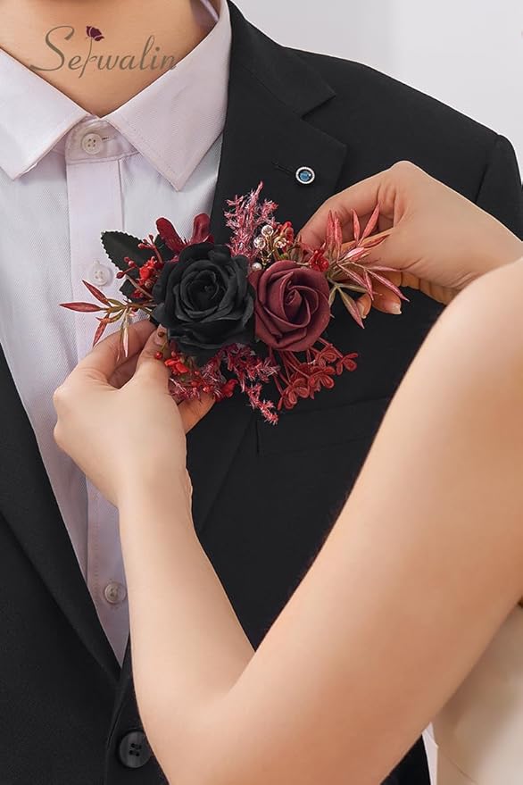 Serwalin Set of 2 Boutonniere for Men, 6-7inch Corsage Groom Groomsman Best Man Boutonnieres for Wedding Prom Ceremony Anniversary Party Cake Topper, Black Burgundy
