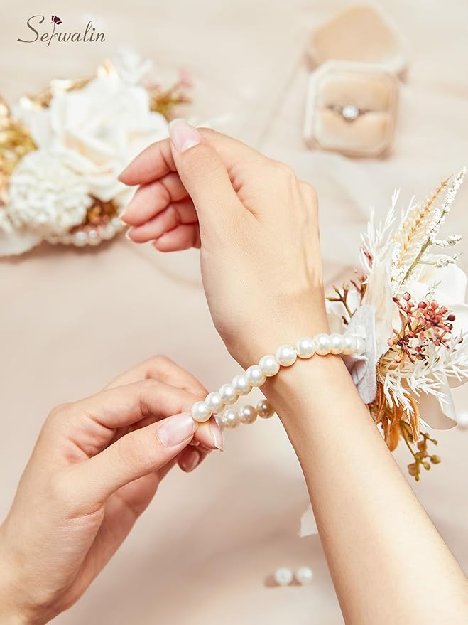 Serwalin Set of 2 Wrist Corsage for Wedding, 6-7 Inch Corsages for Bridesmaid Mother Grandmother, Artificial Flowers for Prom Ceremony Anniversary Cake Topper (Champagne)