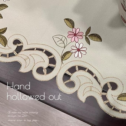 Embroidered Table Runner with Rose Pattern, Cutwork Design, 16x79 inches