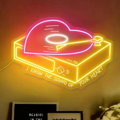 Heart shape vinyl record neon sign, Music Wall Décor, 90s theme party decoration, music decor, bar decor, Home, A esthetic Room, Wedding, Party, Kitchen, Record Label, Sound Studio, Yellow