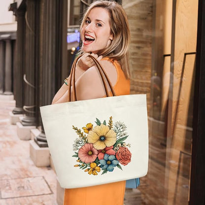 Floral Canvas Tote Bag For Women, Flower Tote Bags for Grocery Shoulder Bag for Work Beach Travel Gym, Beach Bag Shopping Handbag Motivational Gifts Birthday Gifts for Mom Teacher Friends -11