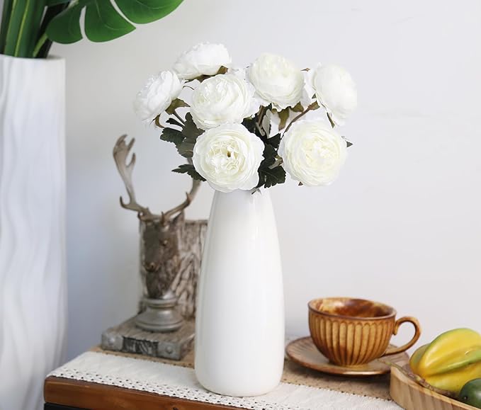 IPOPU 10pcs White Peonies Artificial Flowers Real Touch Silk Peonies with Stems Fake Peony for DIY Wedding Bouquets Bridal Shower Centerpieces Arrangements Party Tables Decorations