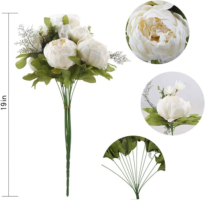 Flojery Silk Peony Bouquet Vintage Artificial Peonies Flower for Home Wedding Party Decor (1pcs, White)