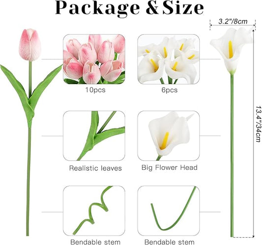 DEEMEI 16Pcs Artificial Pink Tulips & White Calla Lily Silk Fake Flowers 13.4" for Easter Mother's Day Home Kitchen Wedding Decorations