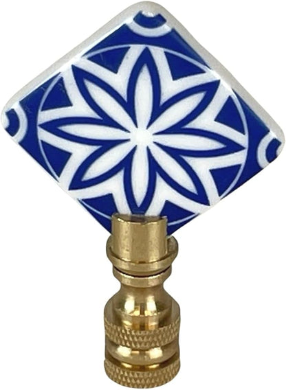 Royal Designs, Inc. Blue & White Porcelain Mandala Flower Design Finial for Lamp Shade, Polished Brass