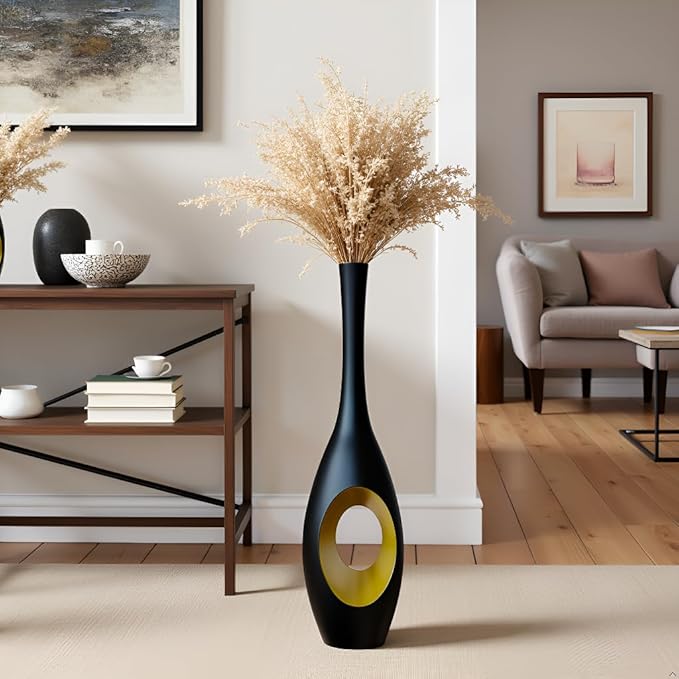 23.6 in Black Floor Vase – Modern Oval Tall Floor Vase with Gold Cutouts & Slim Neck, Decorative Vases for Luxury Home, Office, Wedding Decor – Resin Tall Vases