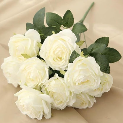 Jasion Artificial Roses 10 Heads 2.8" Flowers Arrangement Silk Bouquet for Home Office Parties Bridal Wedding Decoration (White)