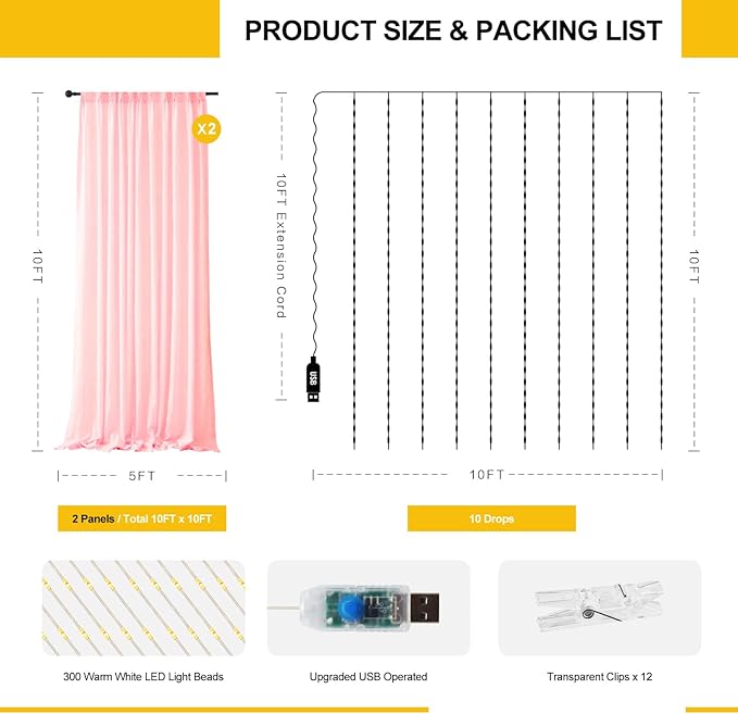 Tulle Curtain Backdrop with 300 LED Fairy Lights for Parites Wrinkle-Free Sheer Curtain Drapes Photo Back Drop for Wedding Baby Shower Bridal Shower Birthday Dance Home Décor - 10ft×10ft, Pink