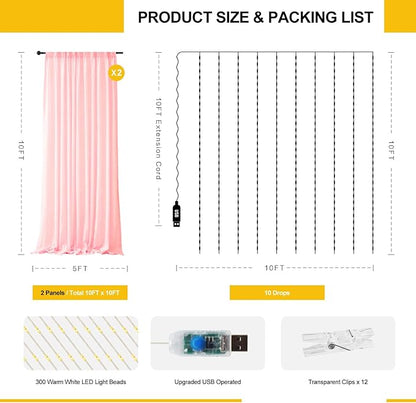 Tulle Curtain Backdrop with 300 LED Fairy Lights for Parites Wrinkle-Free Sheer Curtain Drapes Photo Back Drop for Wedding Baby Shower Bridal Shower Birthday Dance Home Décor - 10ft×10ft, Pink