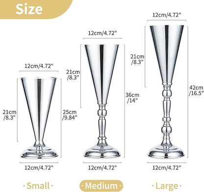 2 Pcs/ Set Tabletop Silver Metal Wedding Flower Trumpet Vase Table Decorative Centerpiece Artificial Flower Arrangements for Anniversary Ceremony Party Birthday Event Aisle Home Decoration