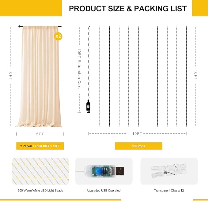 Tulle Curtain Backdrop with 300 LED Fairy Lights for Parities Wrinkle-Free Sheer Curtain Drapes Photo Back Drop for Wedding Baby Shower Bridal Shower Birthday Home Décor-10ft×10ft, Champagne