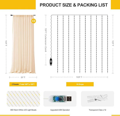 Tulle Curtain Backdrop with 300 LED Fairy Lights for Parities Wrinkle-Free Sheer Curtain Drapes Photo Back Drop for Wedding Baby Shower Bridal Shower Birthday Home Décor-10ft×10ft, Champagne
