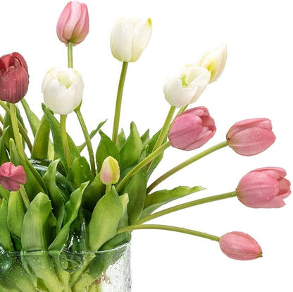15pcs Artificial Tulips Flowers, Real Touch Latex Bouquet, Fake Tulips for Office Wedding Party Home Kitchen Garden Decoration(White,15pcs)