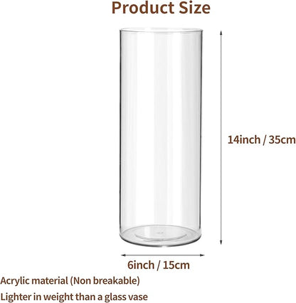 Clear Flower Vase, Non-breakable Vases, 6" W x 14" H, Acrylic Vase, Aesthetic Room Decor Cylindrical Modern Flower Vases for Table Centerpiece, Home Decor, Women Floral Arrangement Gift