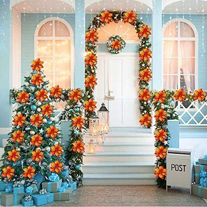 Zhuqing 15Pcs Christmas Poinsettia Artificial Flowers Decorations, Glitter Poinsettia Christmas Tree Ornaments, Red Tree Flowers for Xmas/Party/Holiday/Wreath/Garland Decor, with Cilps, 5.5 Inch