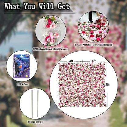 8x8ft(2 pcs of 4ftx8ft) Artificial Silk Fabric Flower Wall Cloth-Based Background 5D Pink Rose Fabric Rolling Up Floral Backdrop for Wedding Baby Shower Party and Home Decor