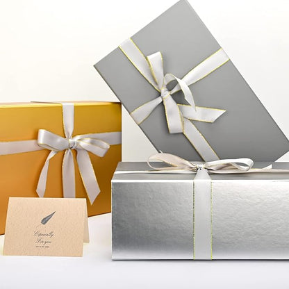 LIFELUM Large Gift Boxes with Lids, 2 Pack 13.8 x 8.3 x 4.4 inch Silver Gift Boxes with Ribbon, Card, Shredded Paper Filler for Presents, Graduation, Christmas, Birthdays