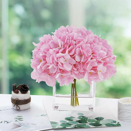 Artificial Hydrangea Flowers in Vase, Silk Floral Arrangement in Vase with Faux Water for Home Decor Indoor, Room Table (Pink)