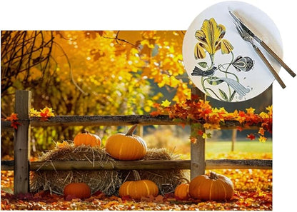 PVC Placemats Set of 4 Wipeable Table Mats Washable Heat Resistant Non Slip Vinyl Dining Table Mat for Kitchen Indoor Outdoor Patio Farmhouse Place Mats Autumn Pumpkin Maple Decorative