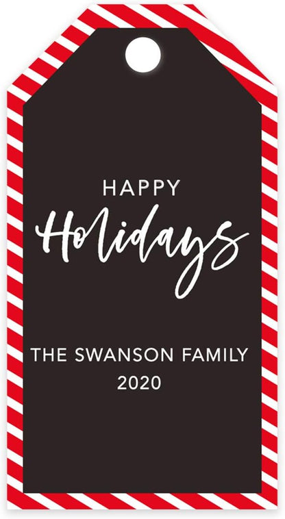 Andaz Press Personalized Christmas Holiday Season Classic Gift Tags, Happy Holidays Custom Family Name and Year, Candy Cane Striped Design, for Holiday Events, Parties, and Favors, 60-Pack