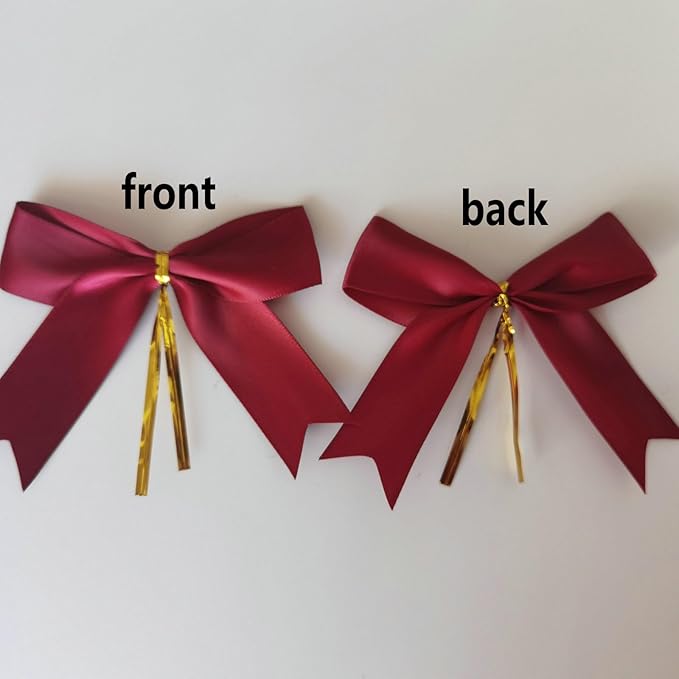 50pcs 3-1/2" Burgundy Twist Ties Satin Wine Color Bows with Twist Tie Bows Fish Tail Cutting(Burgundy)