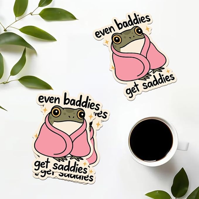 HANDICHI Design 5-Pack 5 Inch Even Baddies Get Saddies Frog Stickers – Funny Mental Health Vinyl Decal Set for Laptops, Water Bottles, Journals & Scrapbooks – Cute Baddie Sticker Pack