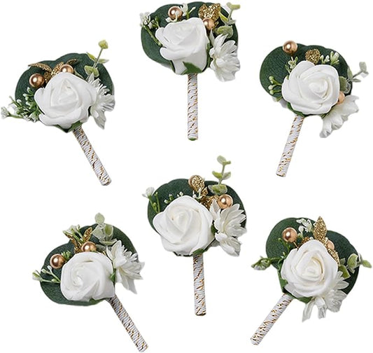 Meldel White Boutonniere for Men Wedding, Set of 6, Best Man Groom Groomsmen Boutonniere, Men Boutonnieres for Wedding Prom Party Homecoming