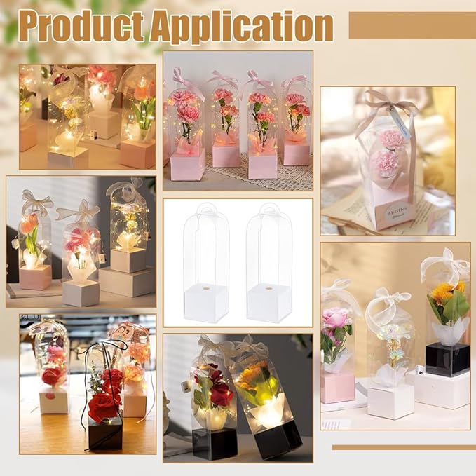 BENECREAT 12Pcs Single Rose Flower Box Empty Bag, Clear Flower Packing Boxes Flower Gift Boxes for Graduation Wedding Birthday Floral Gift Floral Arrangement Supply, White