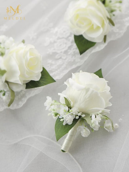 Meldel White Boutonniere for Men Wedding,Set of 6,Groomsmen Groom and Best Man Boutonniere for Wedding Prom, Rose Boutonniere for Men Wedding Ceremony Anniversary Party Homecoming