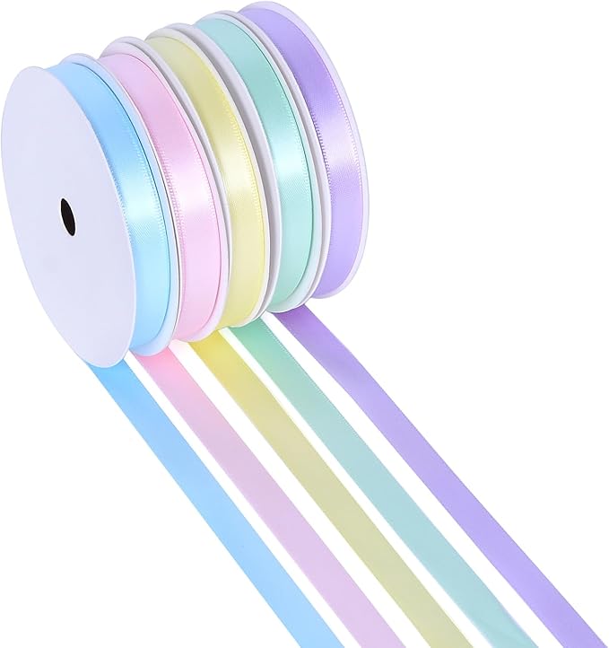 Ribest Pastel Ribbon, 3/8 inch Thin Double Faced Satin Ribbons Assortment for Gift Wrapping Easter Crafts Hair Bow Wedding Birthday Party Spring Decoration Scrapbook, 5 Rolls × 10 Yard Total 50 Yards