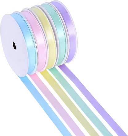 Ribest Pastel Ribbon, 3/8 inch Thin Double Faced Satin Ribbons Assortment for Gift Wrapping Easter Crafts Hair Bow Wedding Birthday Party Spring Decoration Scrapbook, 5 Rolls × 10 Yard Total 50 Yards