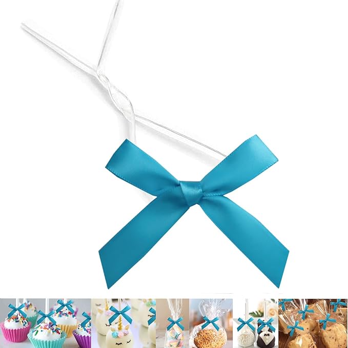 50 Pack 3" Satin Twist Tie Bows, Twist Bows for Treats, Ribbon Bows with Twist Ties Gift Wrap Bows, Pretied Bows for Cake Pops, Baby Shower, Sweets Packaging, Party Favors, Gifts(Turquoise)