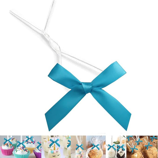 50 Pack 3" Satin Twist Tie Bows, Twist Bows for Treats, Ribbon Bows with Twist Ties Gift Wrap Bows, Pretied Bows for Cake Pops, Baby Shower, Sweets Packaging, Party Favors, Gifts(Turquoise)
