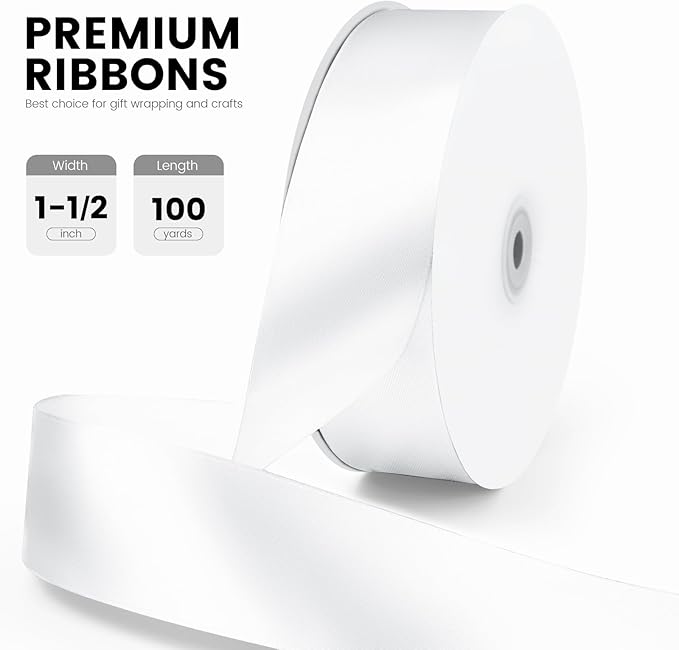 1-1/2" x 100 Yards Satin Ribbon - Wide Silk White Ribbon with Spool - Ideal for Gift Wrapping, Floral Bouquets, Crafts, Wedding Party Decorations, Christmas and Sewing Projects