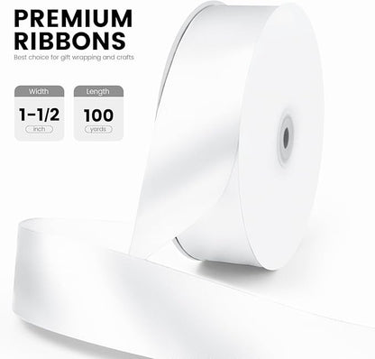 1-1/2" x 100 Yards Satin Ribbon - Wide Silk White Ribbon with Spool - Ideal for Gift Wrapping, Floral Bouquets, Crafts, Wedding Party Decorations, Christmas and Sewing Projects
