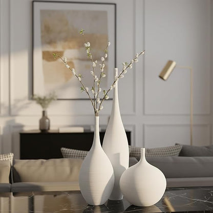 White Ceramic Vase Set of 3, Modern Boho Vases for Centerpiece Decor, Matte Minimalist Decorative White Vases Home Decor, for Living Room, Bookshelf, and Entryway Table Decor