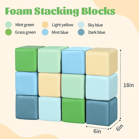Foam Building Blocks for Toddlers：12-Pieces Wipeable Leather Stacking Cubes Kids - Large Soft Toys Play Set for Learning Construction Baby Preschool Daycare Therapy Birthday Gift (Yellow Green)