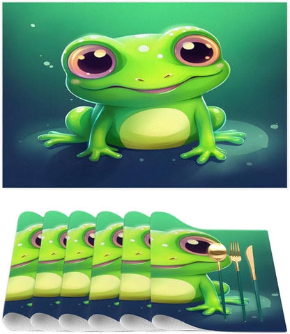 Frog Animal Green Placemats Set of 4 PVC Vinyl Non Slip Table Mats Waterproof Heat Resistant Place Mats Washable Wipeable Dining Table Mat for Kitchen Party Farmhouse Indoor Outdoor Decorative