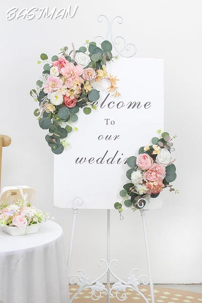 2pcs Wedding Arch Flowers,Wedding Artificial Sign Flower,Welcome Easel Door Decor Wall swags for Reception Backdrop Table Decorations Welcome Sign (Deep Pink)
