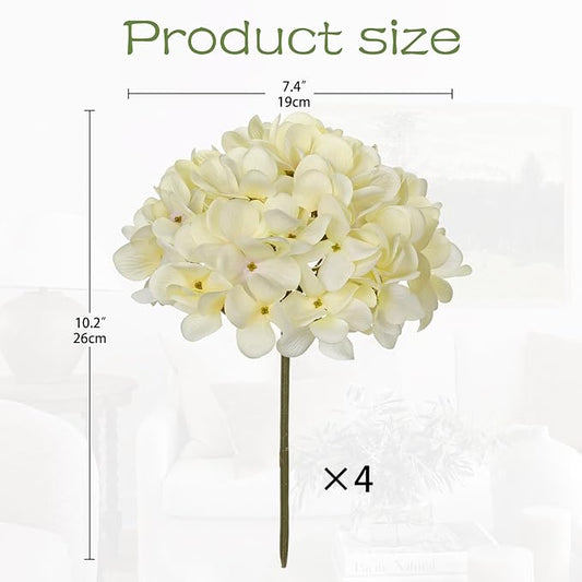 Hollyone White Silk Hydrangea Artificial Flowers Heads 7.4inch Large Fake Hydrangea 4Pcs Full Faux Flowers with Stems for Wedding Party Table Centerpieces Flower Arrangement Home Decor