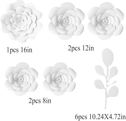 Party Paper Flower Decorations Need Assembled 3D Paper Flowers with Leaves Wall Backdrop Decor Large Paper Flower Decoration(White Set) Wedding Bridal Shower Nursery Baby Shower Wall Flowers Decor