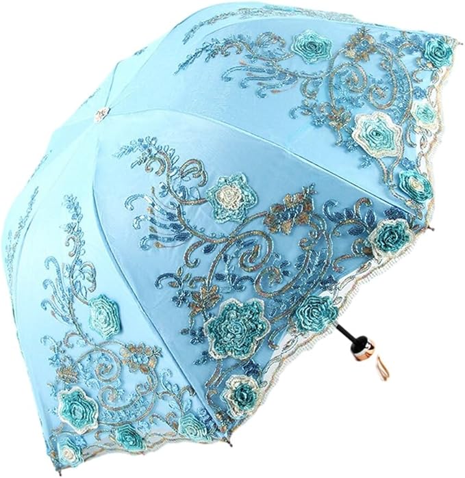 Katutude Vintage Lace Umbrella Floral Lace Parasol Wedding Bridal Umbrella Compact Lightweight Windproof Folding Umbrella UV Protection Sun Umbrella Portable Umbrella with Storage Bag