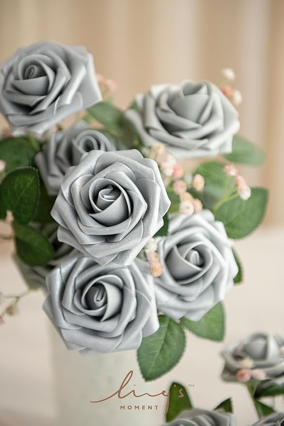 Ling's moment Artificial Flowers 25Pcs Shimmer Grey Roses Decor w/Stems,3" Real Touch DIY Foam Floral for Wedding Bouquet/Centerpieces, Outdoors Party Backdrop, Room/Table, and Garden/Pot Decorations