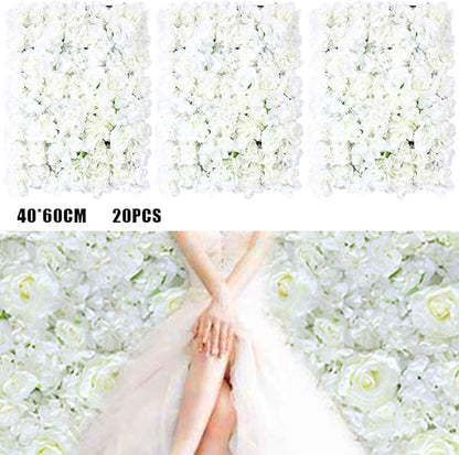 20pcs 24" x 16" Artificial Flower Wall Panel Background,3D White Silk Hydrangea Rose Flowers Wall Backdrop for Wedding Party Event Photo Stage Backdrop Wall Decor (White)
