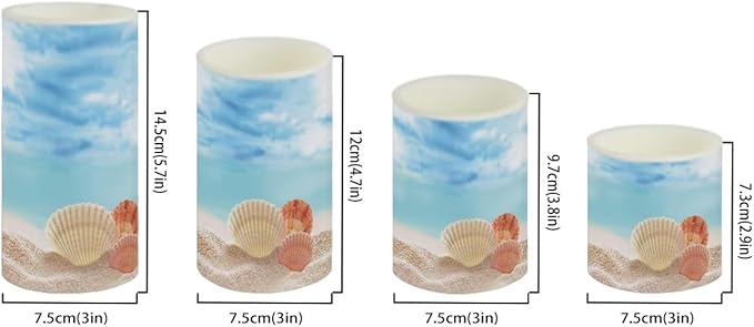 Flameless Candles with Remote Control, Set of 4, Color Changing Flickering Flameless LED Pillar Candles with Battery Operated, Beach Seashell Blue Decor