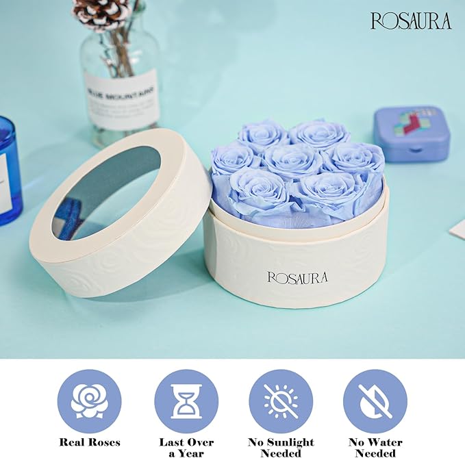 Rosaura Round Preserved Roses Gift Box - Real Forever Flowers for Birthday, Valentine's & Mother's Day (Sky Blue, 7 Roses)