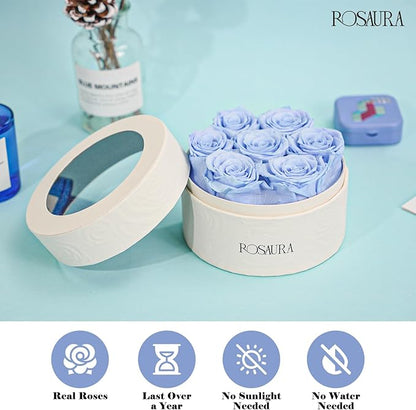 Rosaura Round Preserved Roses Gift Box - Real Forever Flowers for Birthday, Valentine's & Mother's Day (Sky Blue, 7 Roses)