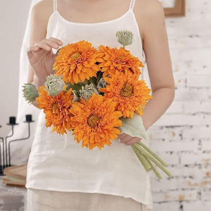 Kimura's Cabin 5Pcs Fake Sunflowers Artificial Silk Flowers Bouquet Long Stems Faux Sunflower Real Touch Chrysanthemum for Wedding Home Garden Birthday Party Indoor Decor(Orange)
