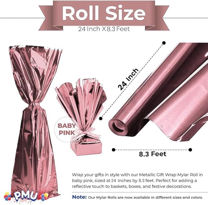 PMU (2 Gift Wrap Mylar Roll Metallic Baby Pink 2-sided, 24 Inches X 8.3 Ft Roll 1.4 Mil Highly Reflective Mylar Film, Great for Gifts, Birthdays, Christmas, Baskets, Arts & Crafts
